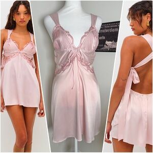 M NWT For Love & Lemons Hallie Pink Satin Slip Dress with Long Satin Ties